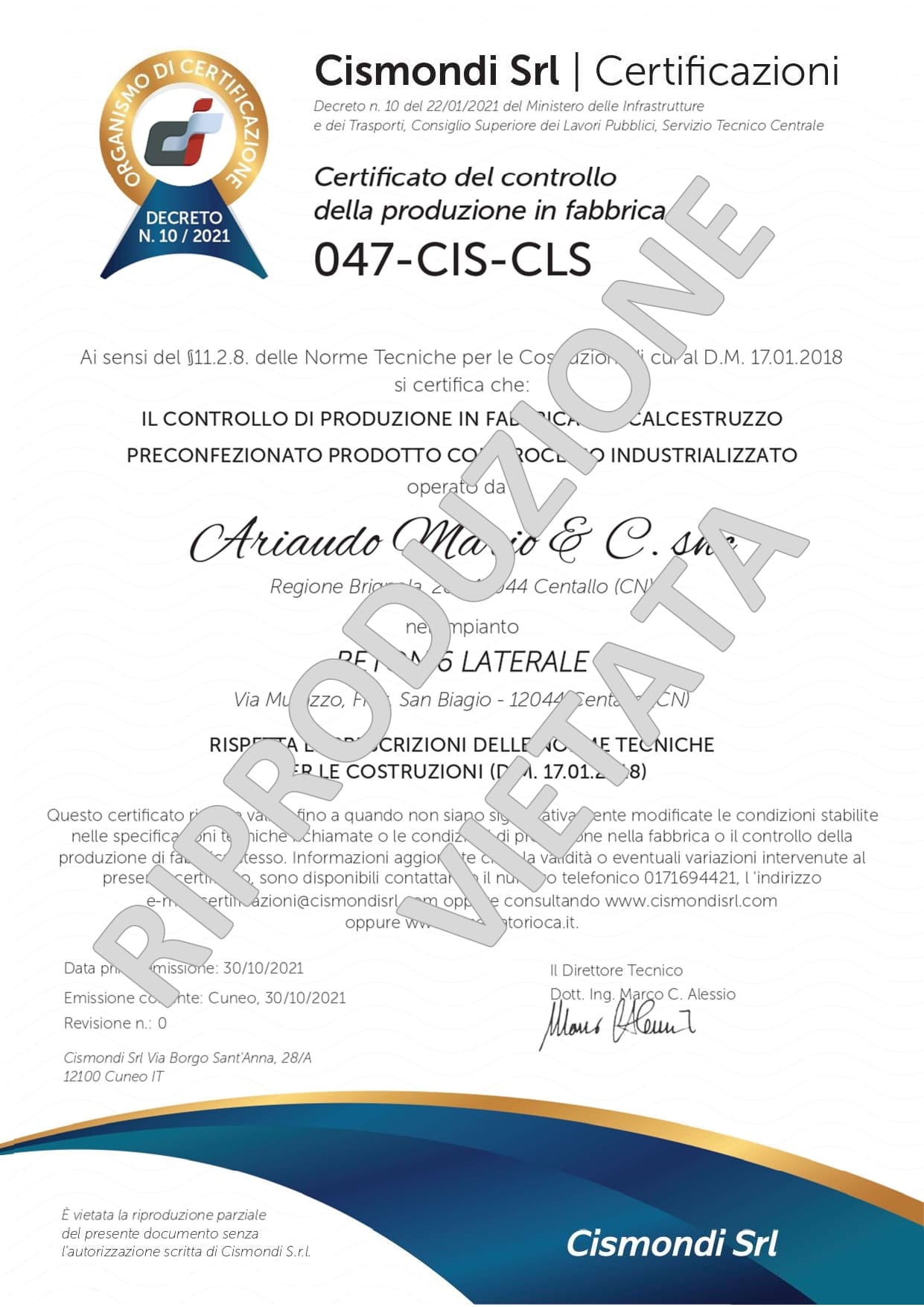 CERTIFICATO CALCESTRUZZO PRECONFEZIONATO PRODOTTO CON PROCESSO INDUSTRIALIZZATO