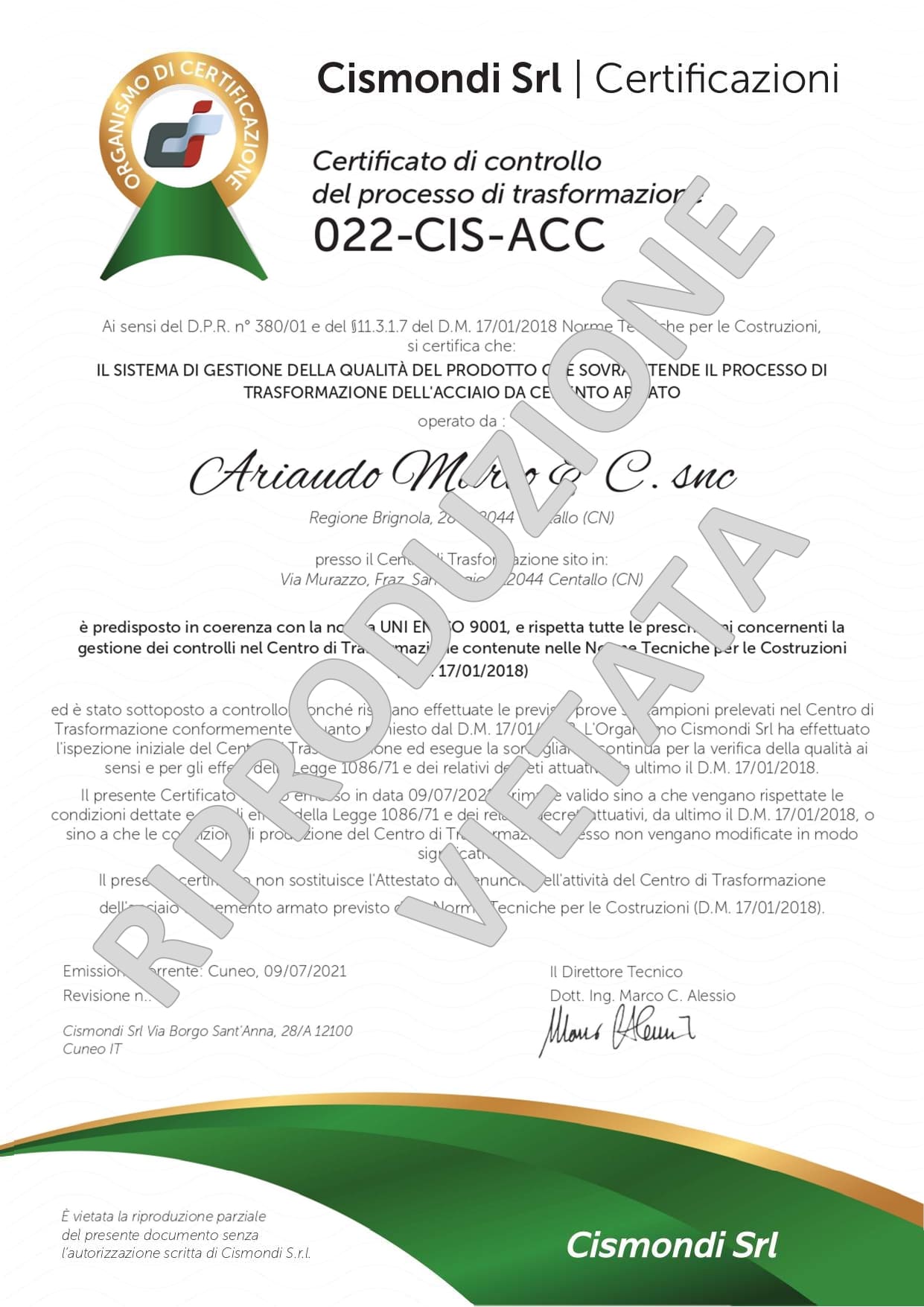 CERTIFICATO TRASFORMAZIONE DELL’ACCIAIO DA CEMENTO ARMATO